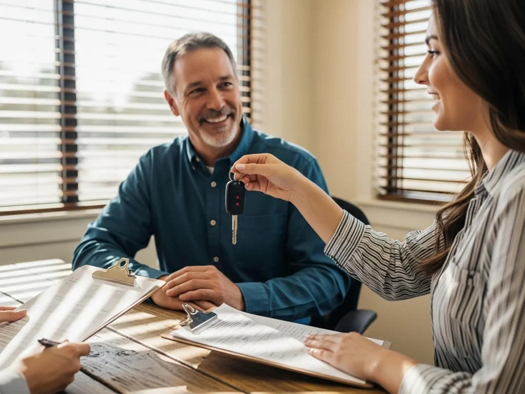 man woman with keys at title office