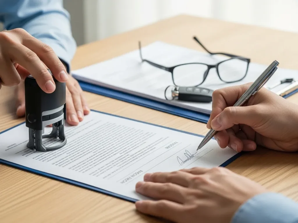 notary stamping legal documents on desk