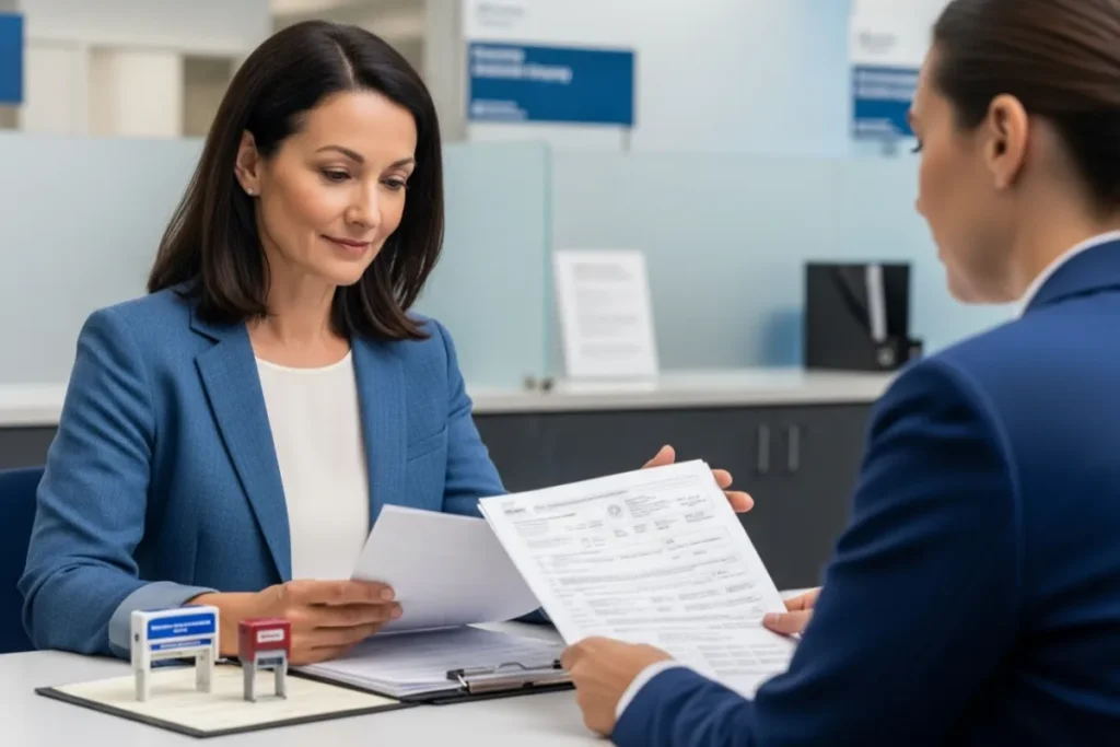 woman reviewing documents at dmv title transfer after death