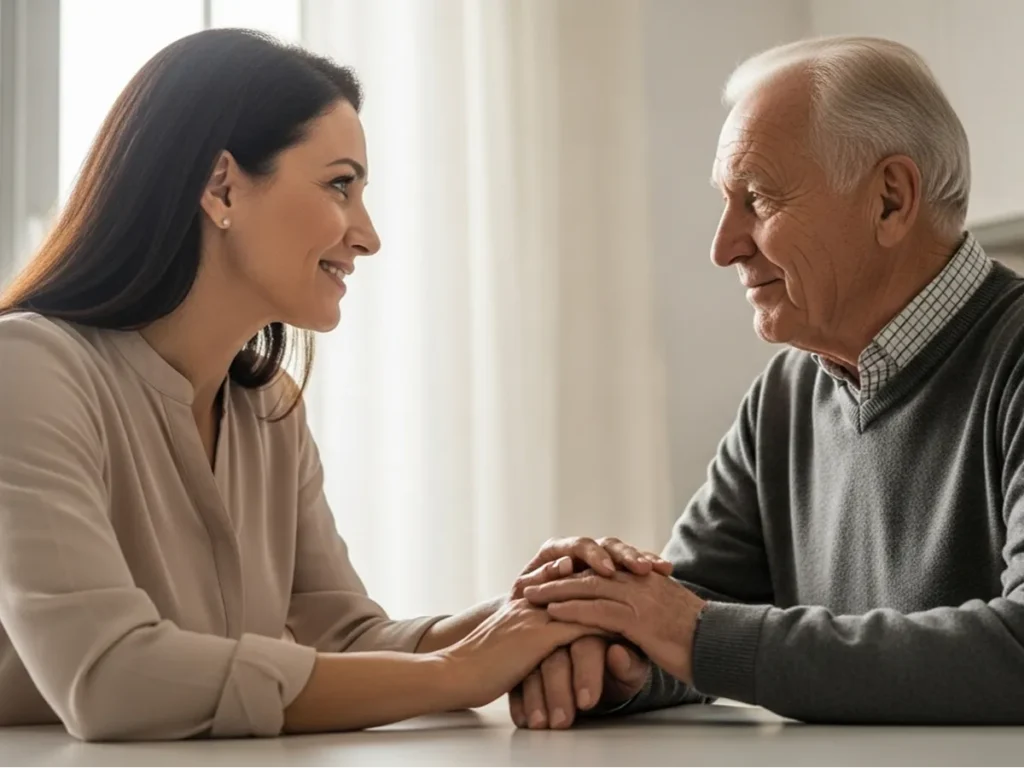 daughter reassuring elderly father kitchen table
