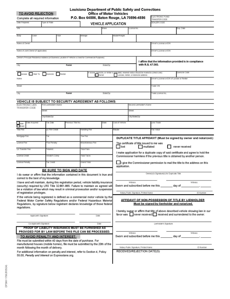 louisiana dpsmv 1799 vehicle application form cover