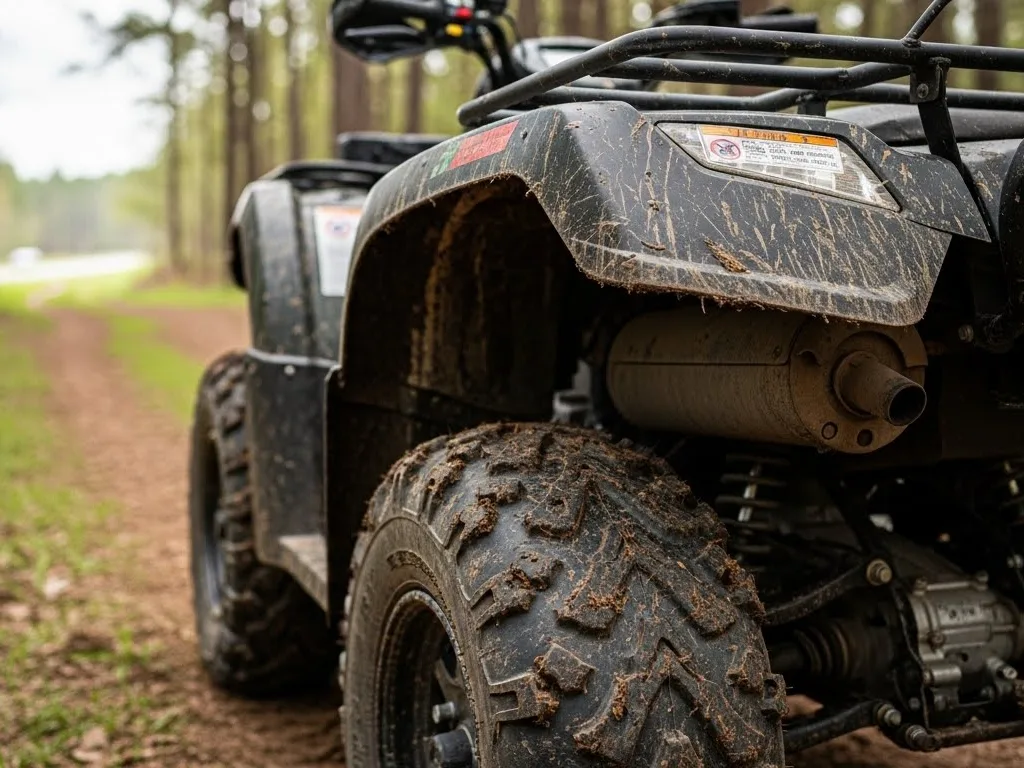louisiana atv off road mud trail closeup rear tire forest path