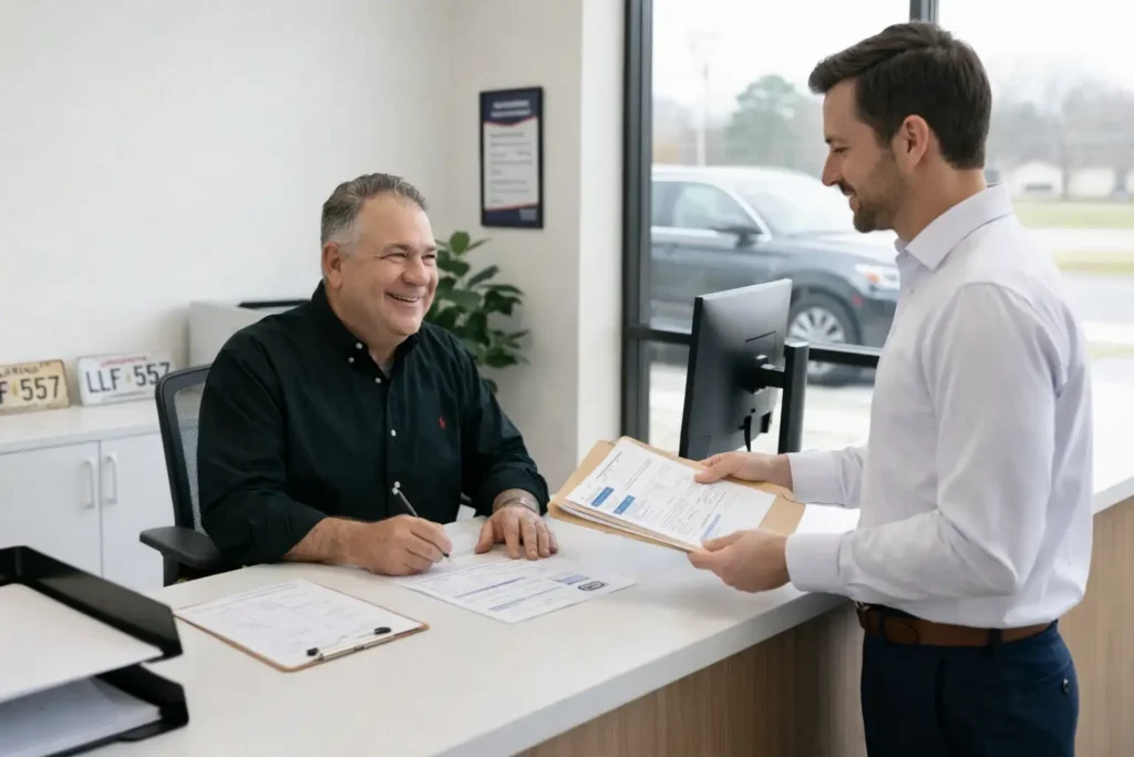 louis dutel title authority covington out of state title transfer customer signing paperwork at service desk