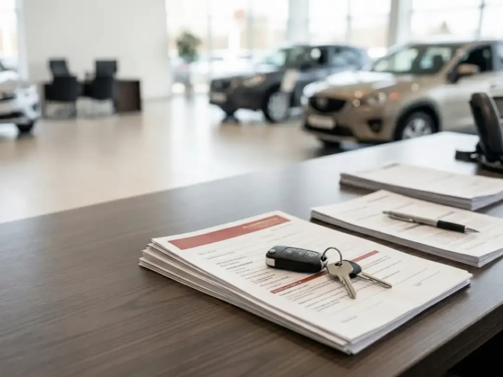 car keys on title paperwork at dealership