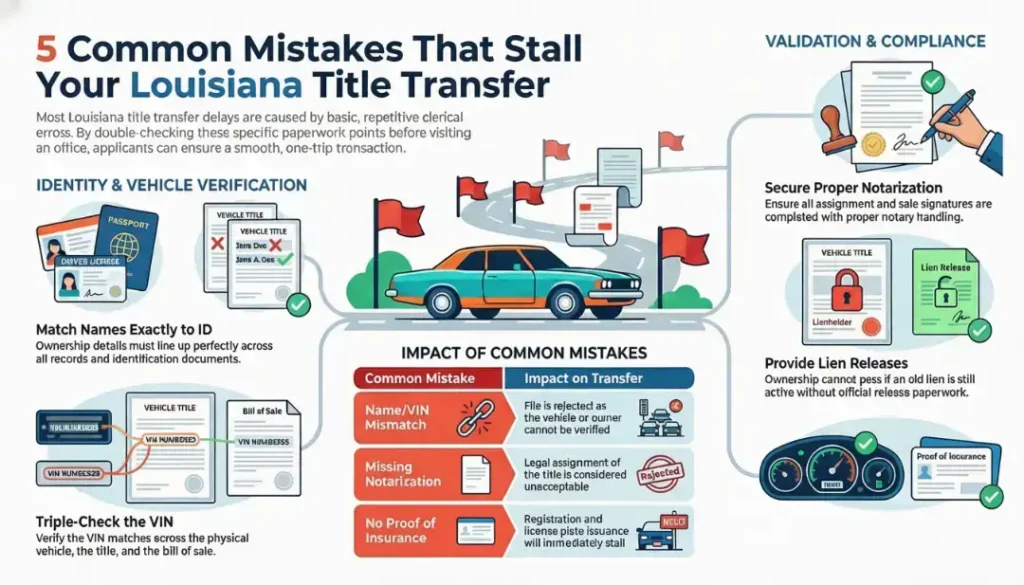 louisiana title transfer common mistakes infographic
