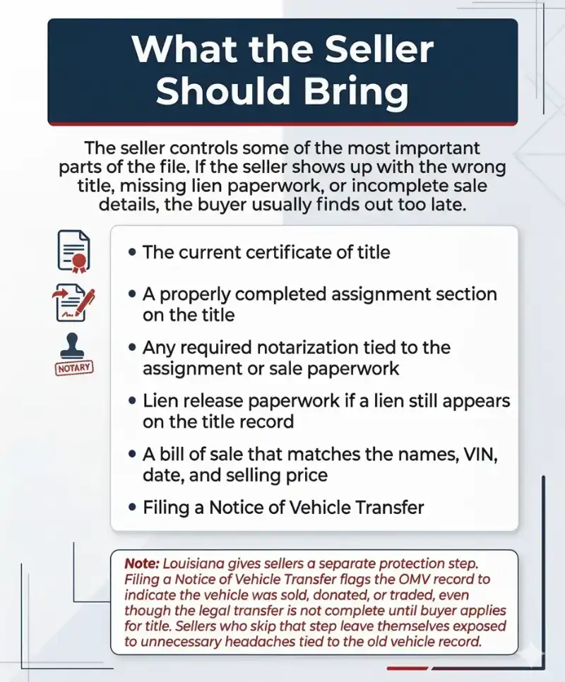 what seller brings louisiana vehicle title transfer