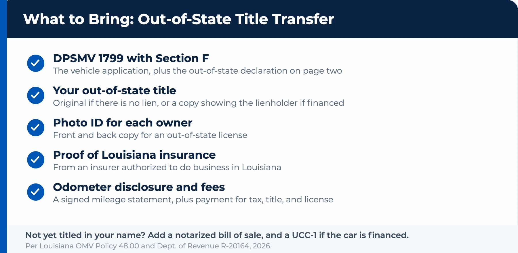 What to bring for an out-of-state title transfer in Louisiana: DPSMV 1799 Section F, title, ID, insurance, odometer, fees.