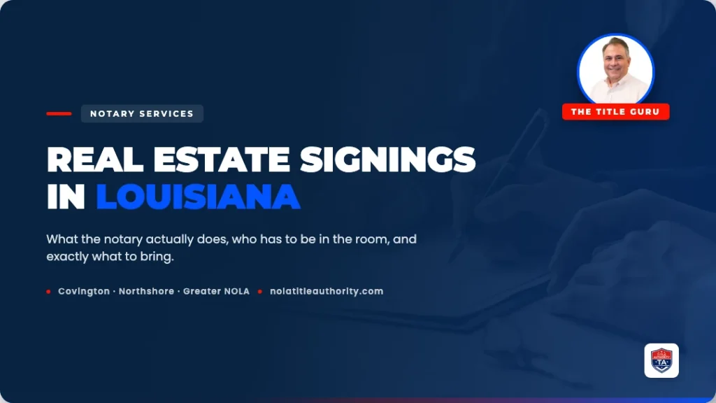 Buyer, seller and notary signing a Louisiana act of sale at a closing table in Covington
