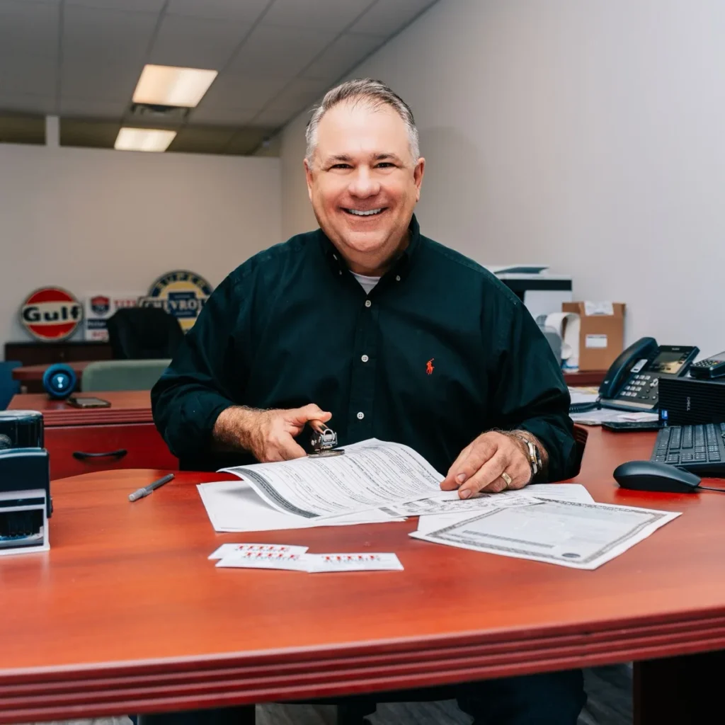 Lou Dutel smiling at his desk at Title Authority in Covington, Louisiana, with a notary stamp and Louisiana title paperwork in front of him